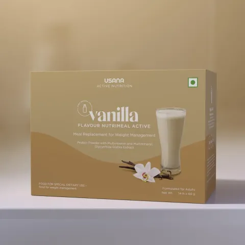 Official packaging for Nutrimeal Active Whey Protein Meal Replacement Shake (Vanilla).