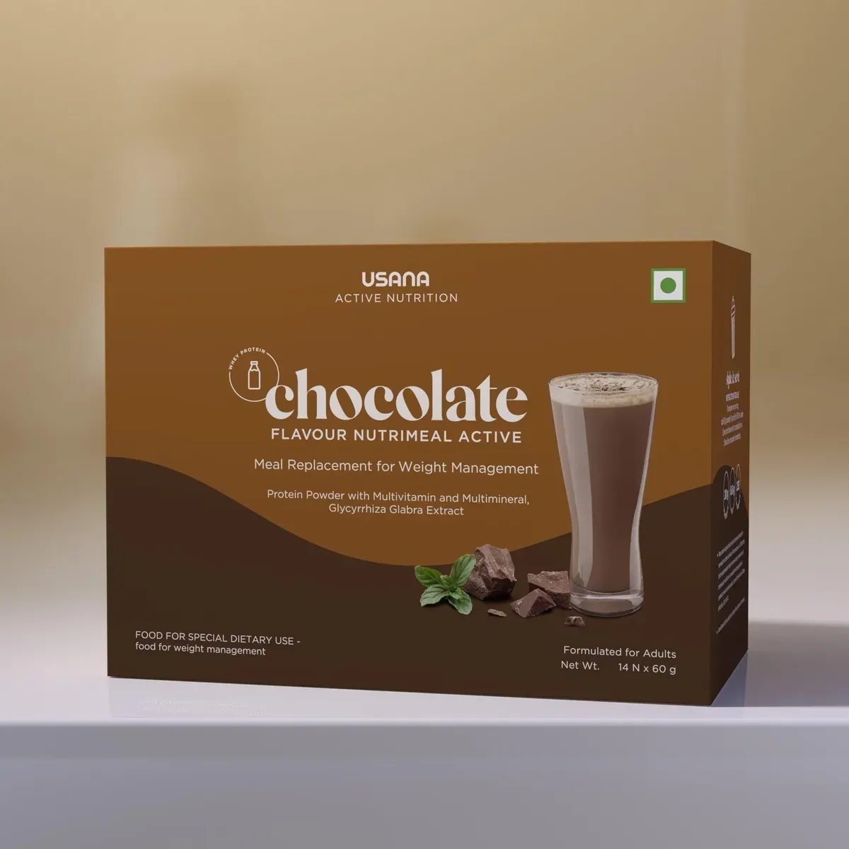 Official packaging for Nutrimeal Active Whey Protein Meal Replacement Shake (Chocolate).